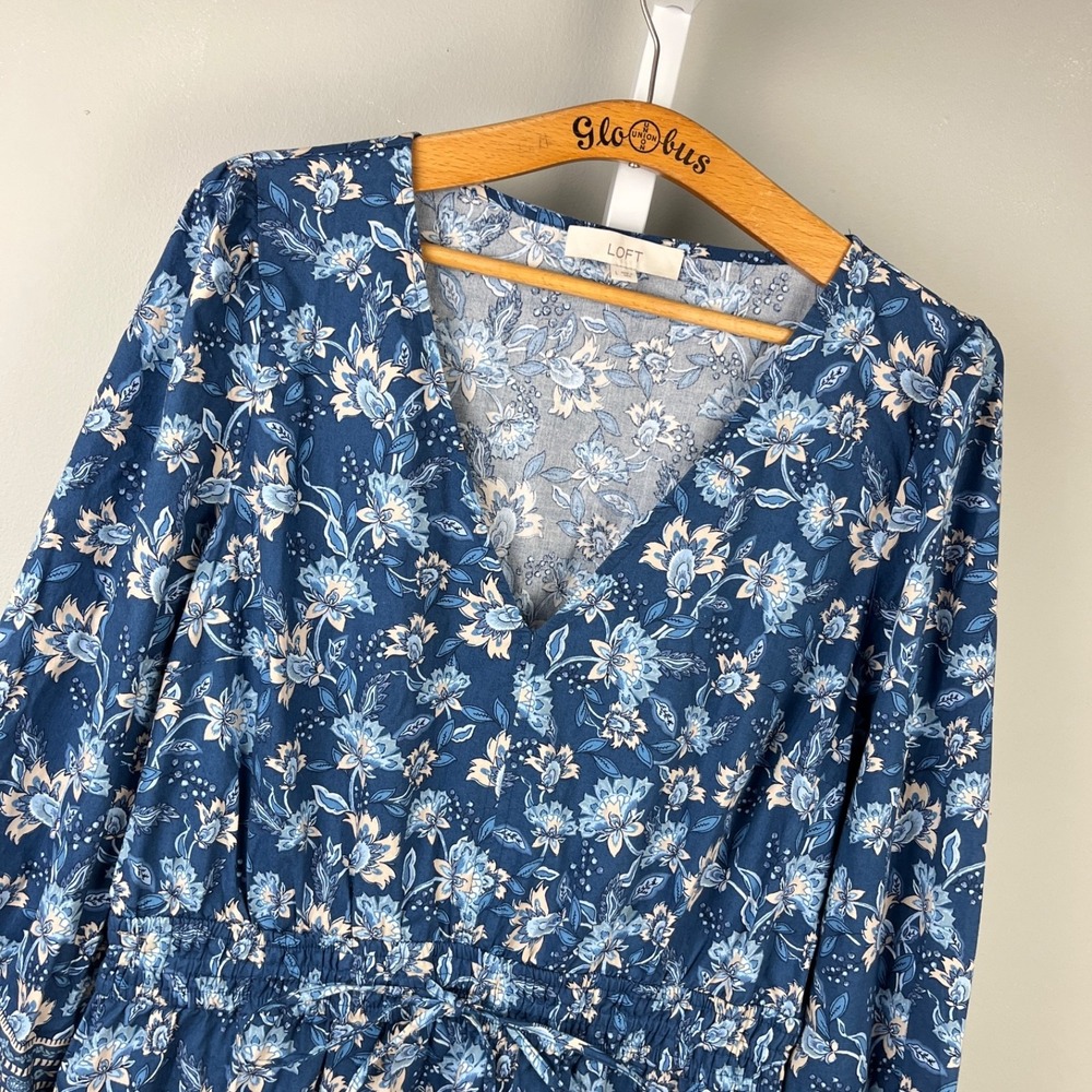 Ann‎ Taylor LOFT Blue Boho Floral Maxi Dress Womens L Tiered Smocked Waist